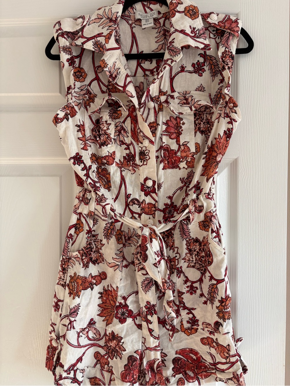 Rachel Zoe Cream Floral Tie-Waist Sleeveless Romper